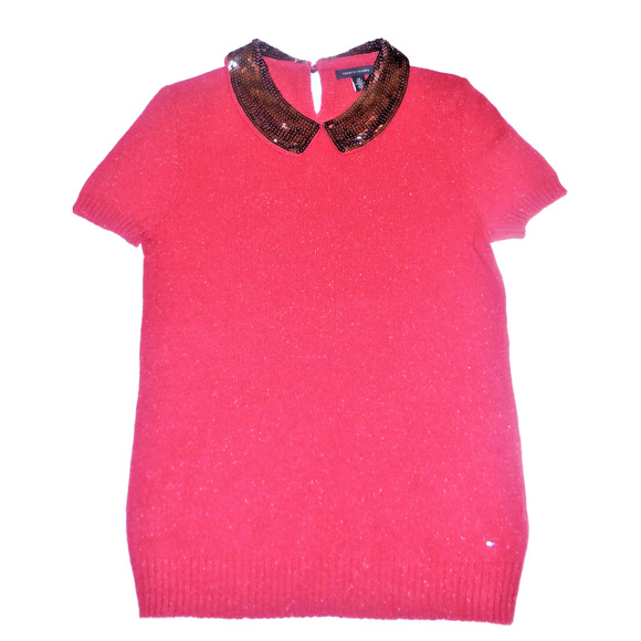 Tommy Hilfiger Sweater Small Petite Red Sequin short sleeve knit top - Picture 1 of 3